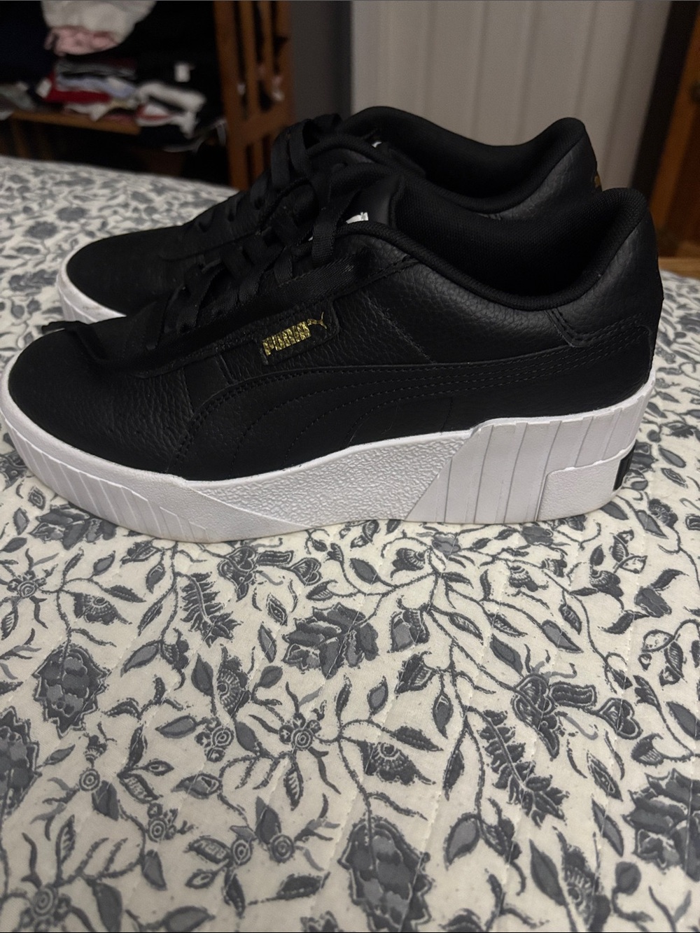 Puma Black Leather Platform Sneakers with White Sole